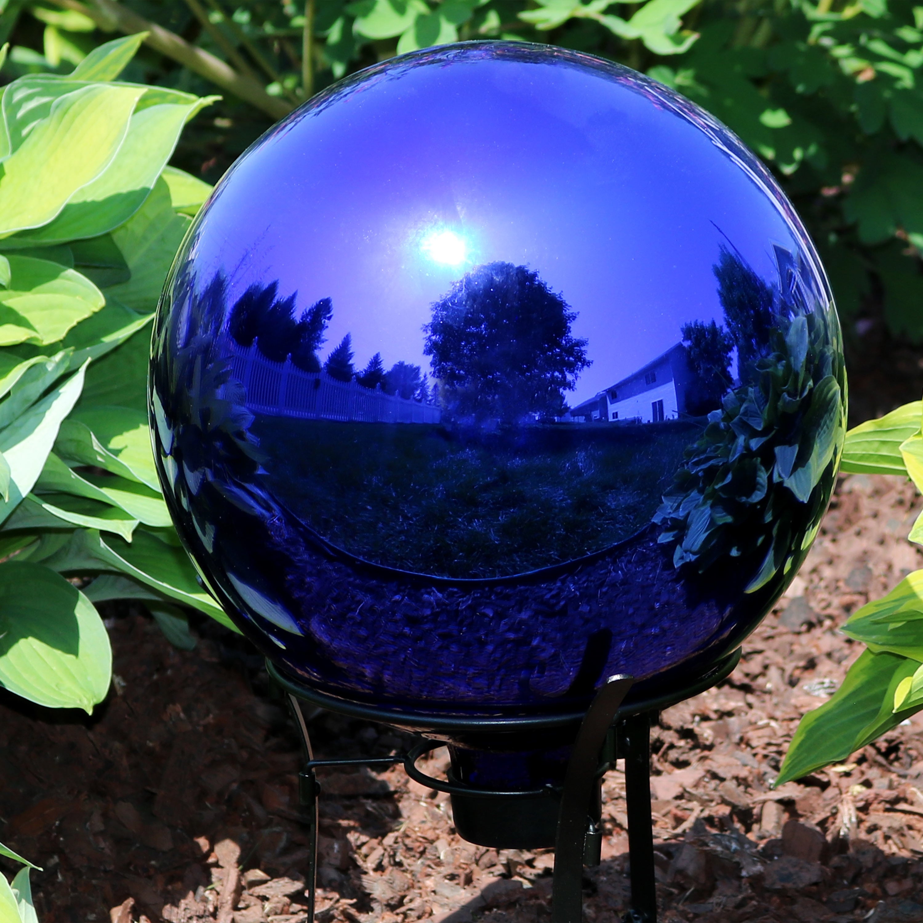 Sunnydaze Indoor/Outdoor Reflective Mirrored Surface Garden Gazing Globe Ball with Stemmed Bottom and Rubber Cap - 10" Diameter - Blue