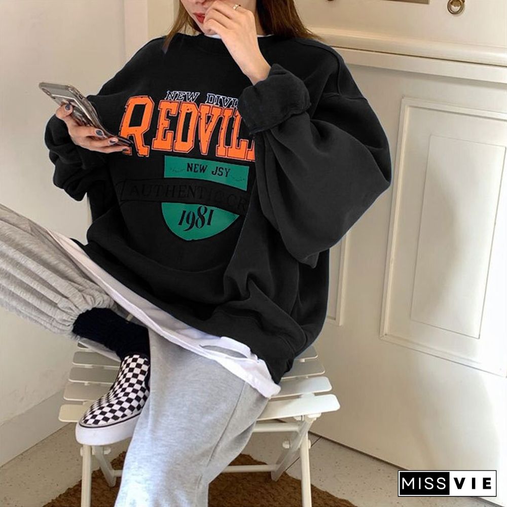 Plus Velvet Casual Warm Pullover Sweatshirts Female Clothing Women Long Sleeve Sweetshirt Loose Letter Printing Crew Neck Tops