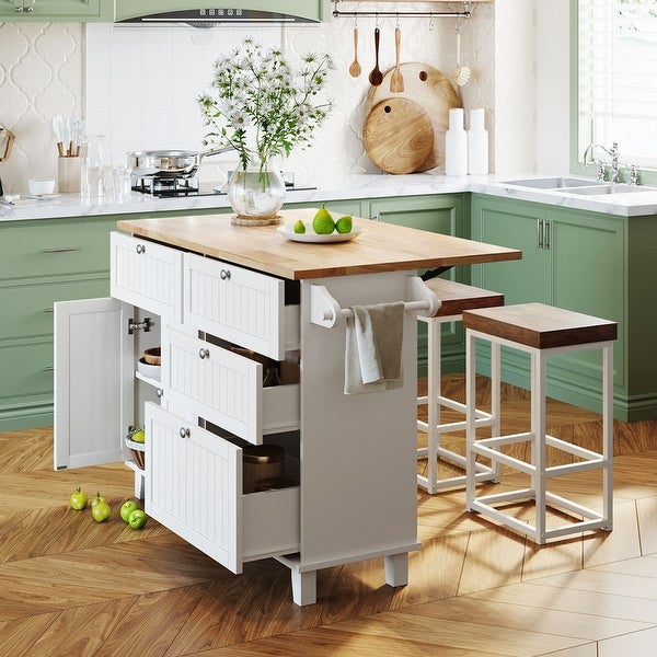 3-Piece Kitchen Island Set with Drop Leaf and 2 Seatings， Dining Table Set with Storage Cabinet， Drawers and Towel Rack