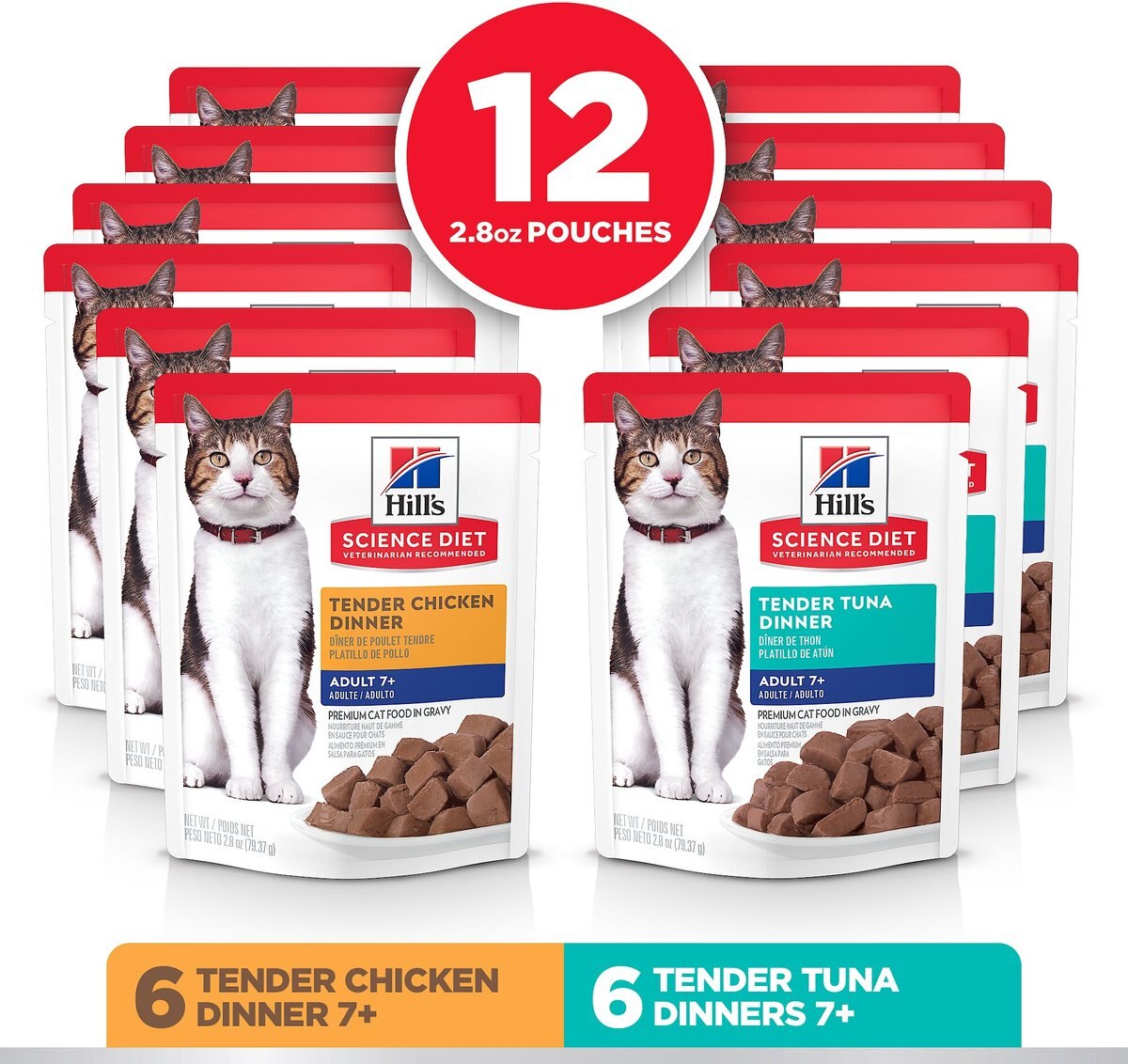 Hill's Science Diet Adult 7+ Tender Dinner Variety Pack Cat Food， 2.8-oz pouch， case of 12