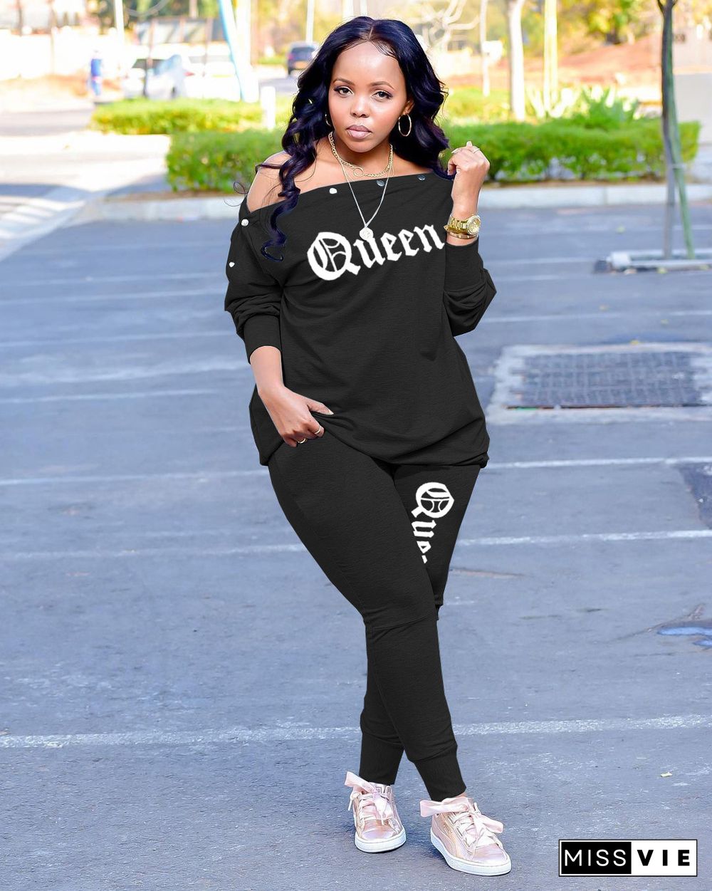 Letter Off Shoulder T-shirt Jogger Pants Tracksuit