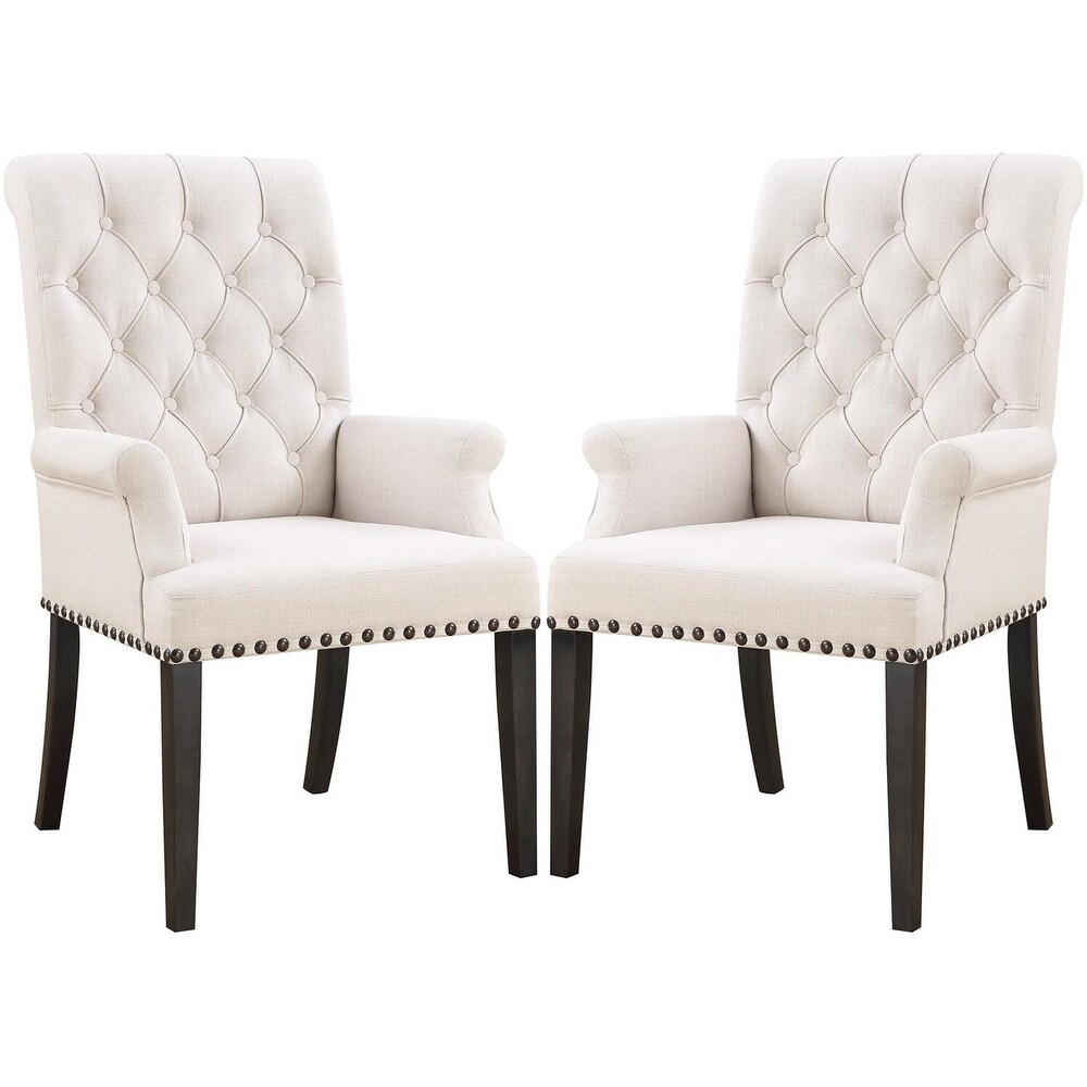 Decorative Rolled Button Beige Tufted Arm Chair with Nailhead Trim