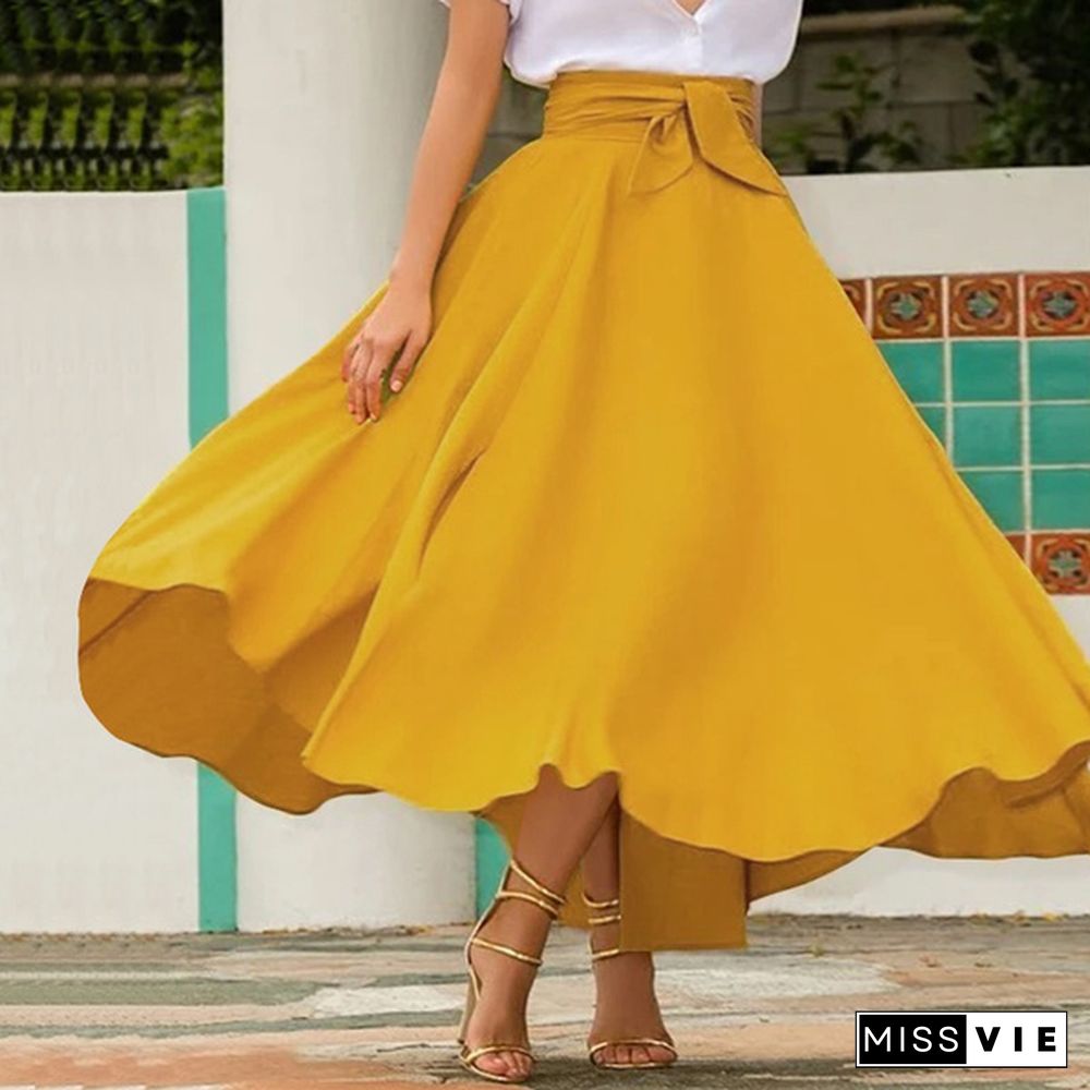 Women Summer High Waist Solid Color Swing Dress Plus Size Long Skirts