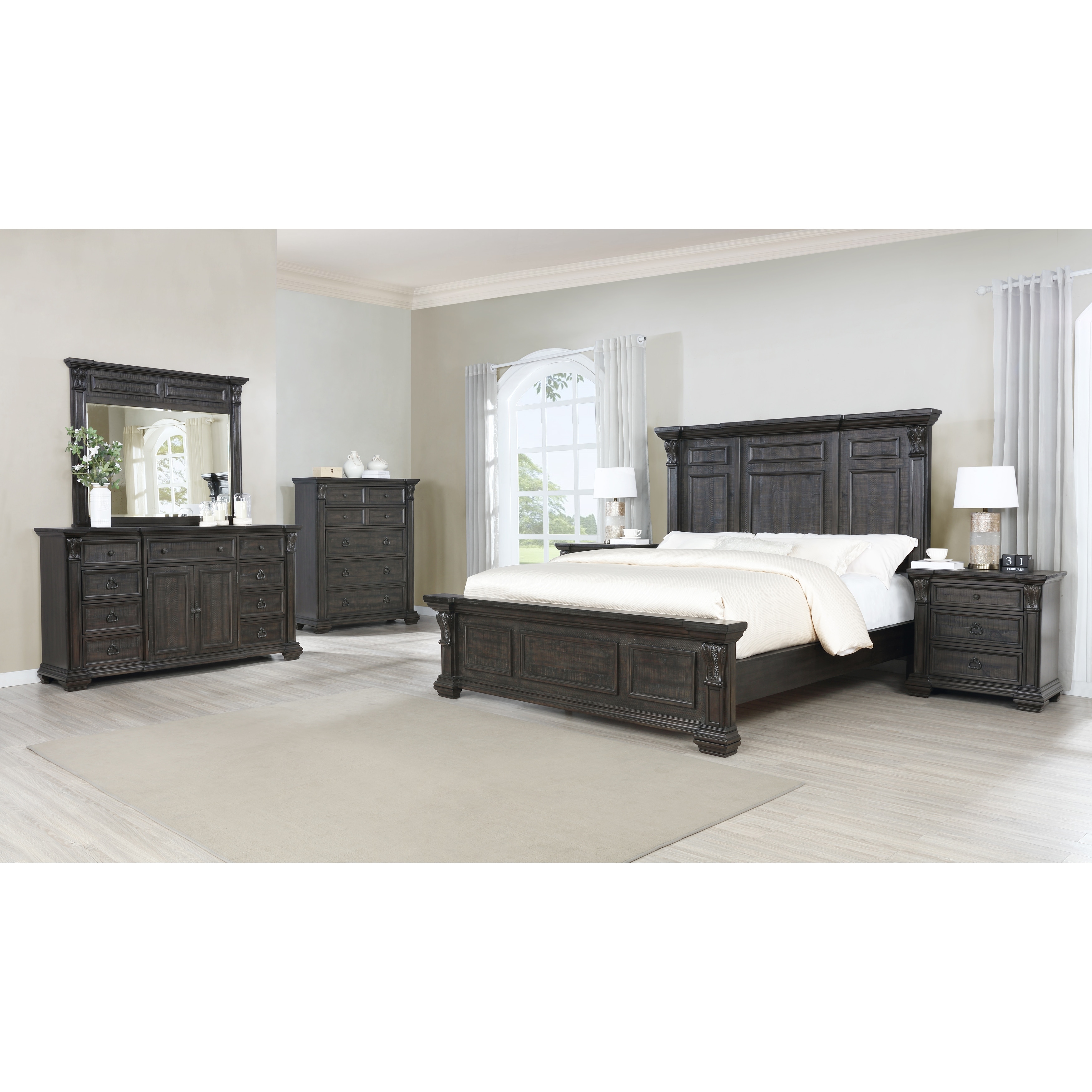 Roundhill Furniture Farson Distressed Dark Walnut Finish Wood Panel Bed， Dresser， Mirror， Nightstand， Chest - - 33084961