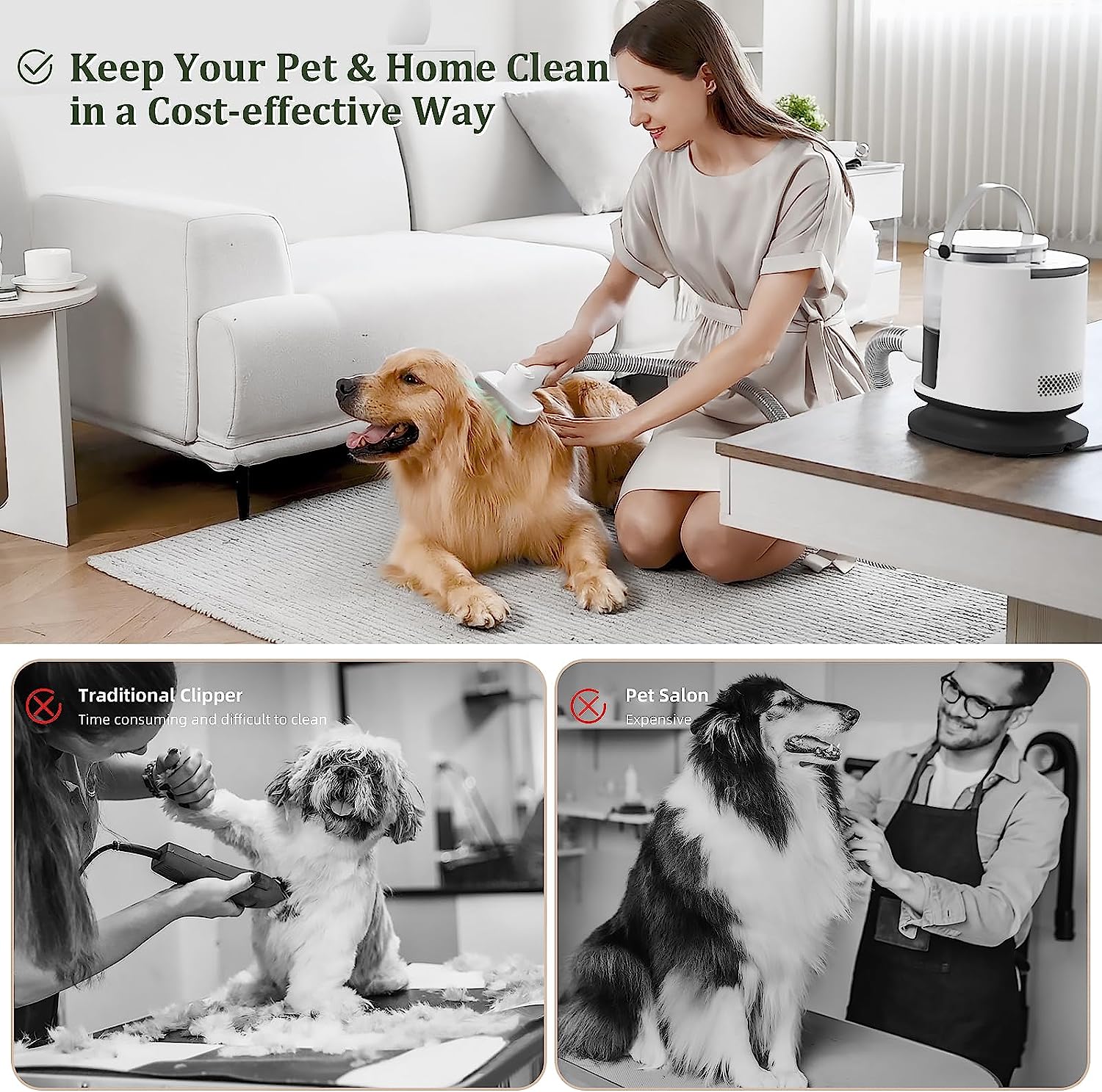 Pet Grooming Kit & Vacuum Suction 99% Pet Hair,6 in 1 Dog Grooming Vacuum Kit, 2.0L Capacity Easy Clean Dust Cup for Pet Hair,(Low Noise) Pet Shedding Grooming Tools for Dogs Cats at Home