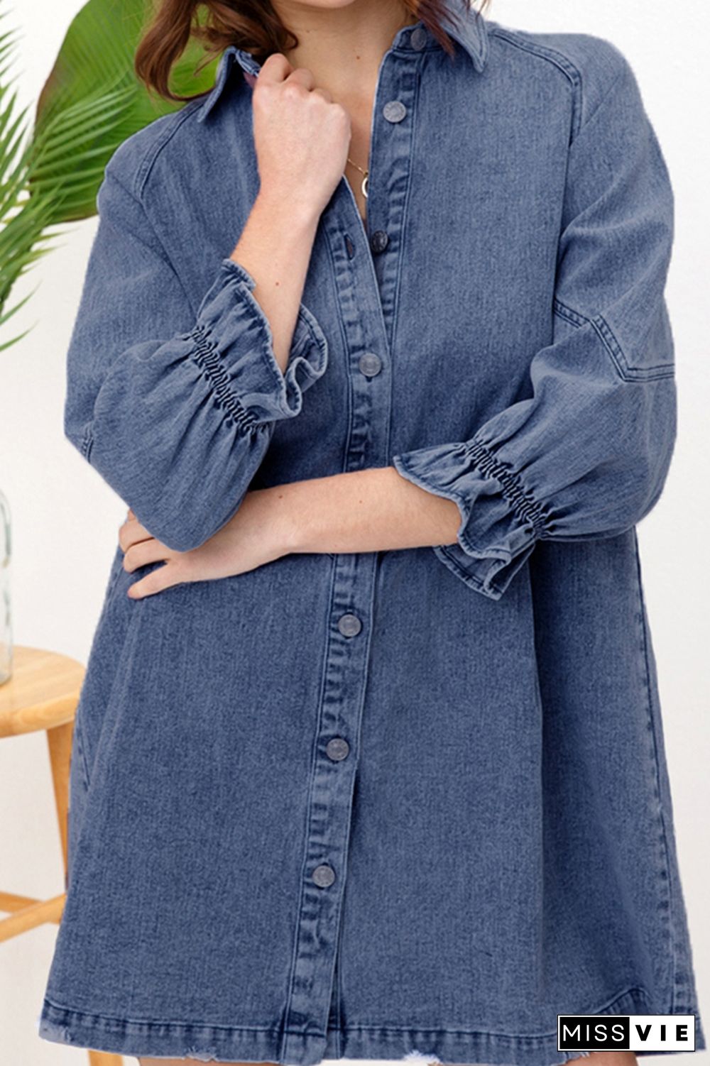 Vintage Washed Puff Sleeve Denim Mini Shirt Dress Wholesale