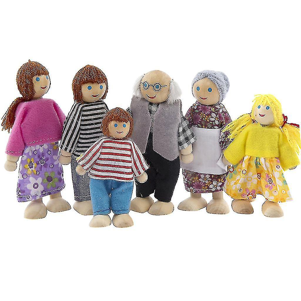 Wooden Furniture Dolls House Family Miniature 6 People Set Doll Toy Fo