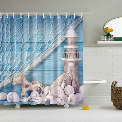 New Colorful Eco-friendly Beach Conch Starfish Shell Polyester  High Quality Washable Bath Decor Shower Curtains