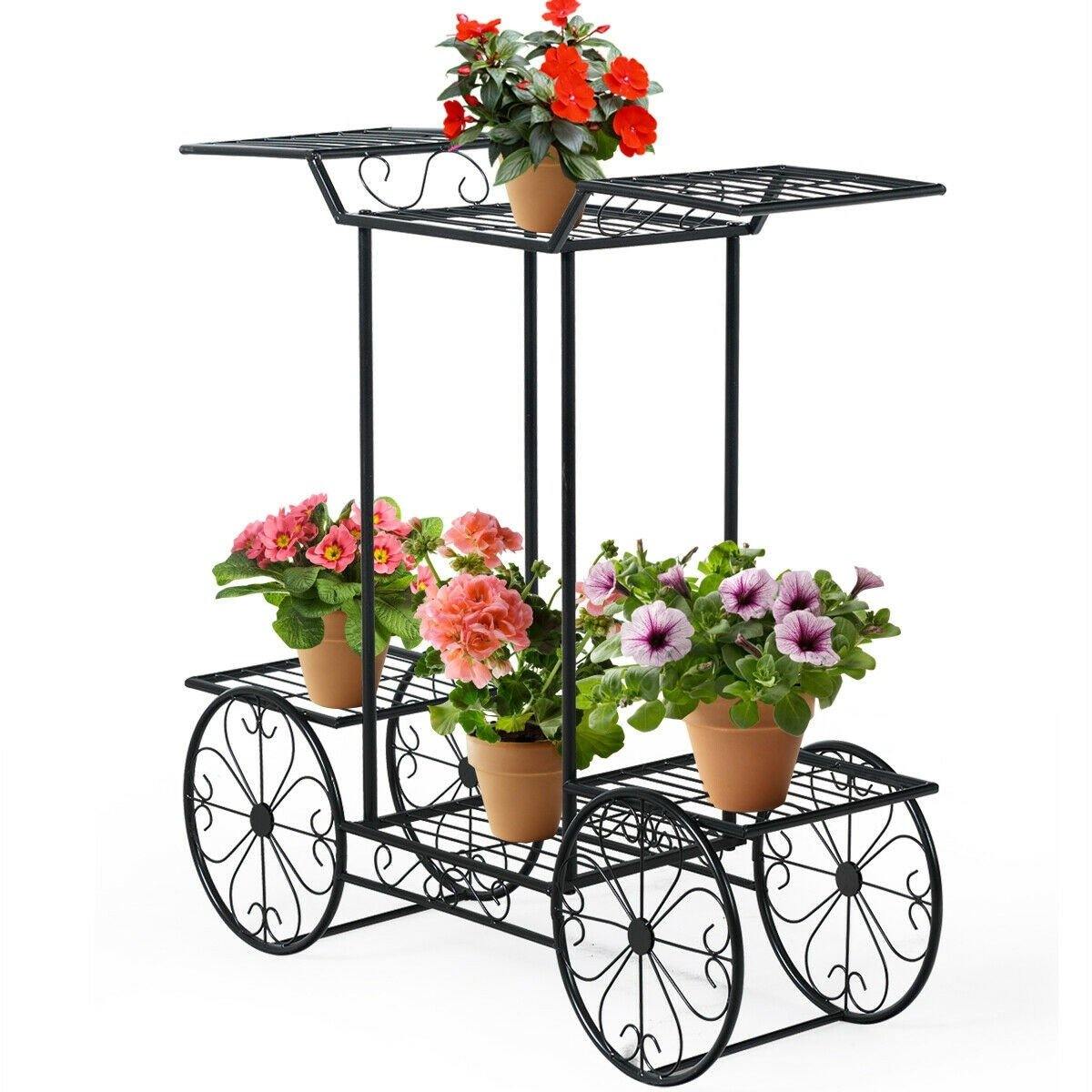 6-Tier Outdoor Garden Cart Metal Flower Rack Display Stand with 4 Wheels