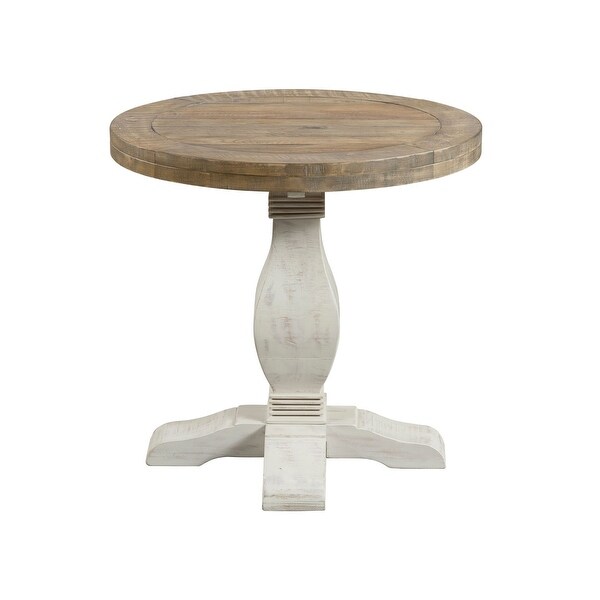 26 Inch Round End Table with Pedestal Base， Brown and White