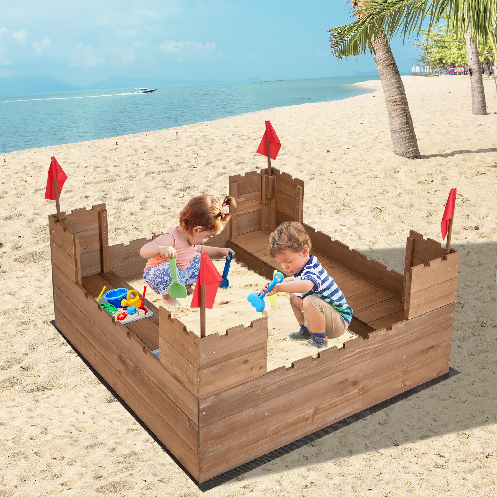 Costzon Cedar Wood Sandbox, Outdoor Sandpit w/Built-in Bench Seats