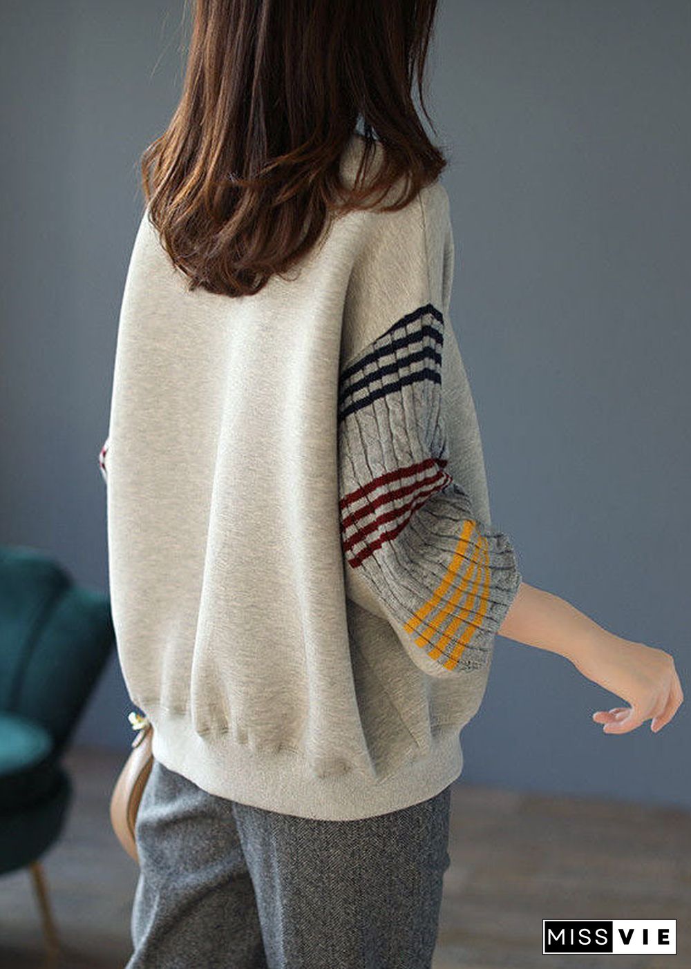 Lazy Grey O-Neck Striped Knit Patchwork Cotton Sweatshirt Long Sleeve