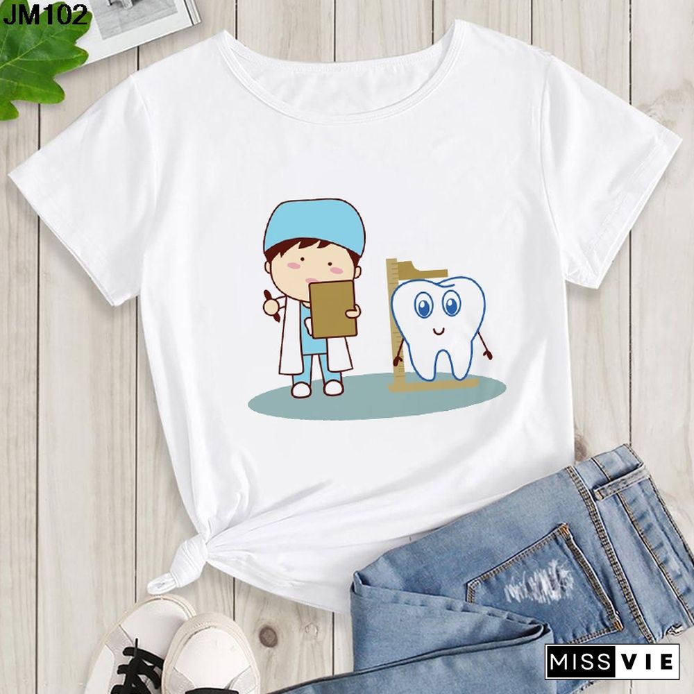 Aesthetic Funny Tooth Dentist Print Female Clothing T-shirt 90s Harajuku Kawaii O-neck Tshirt Summer Fashion Women's Top T Shirt