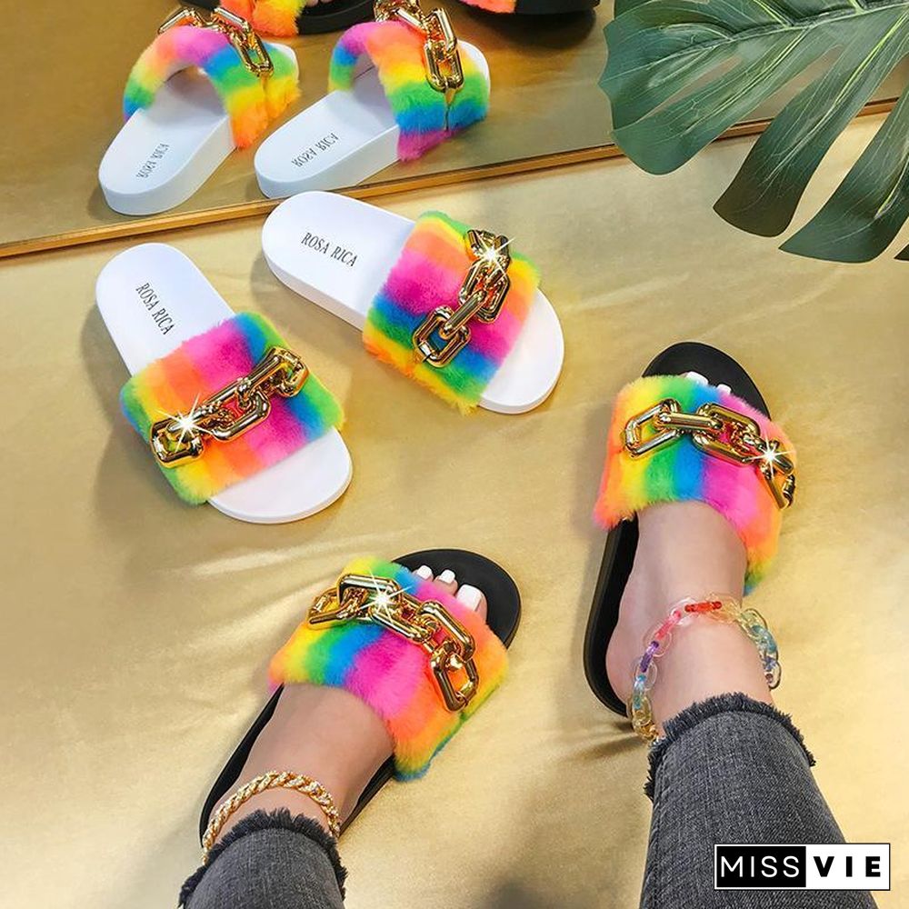 Summer Chic Fluffy Rainbow Slipper