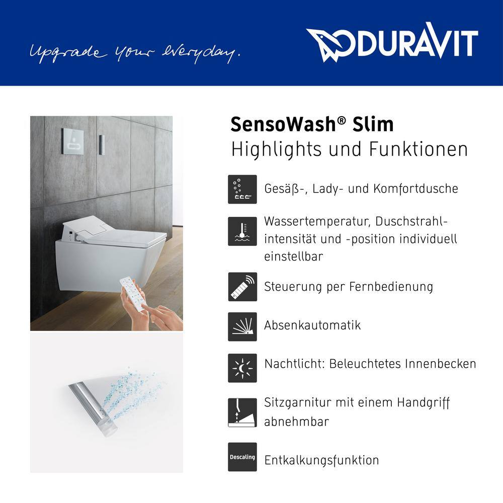 Duravit SensoWash Slim Electric Bidet Seat for Elongated Toilet in White 611200001001300