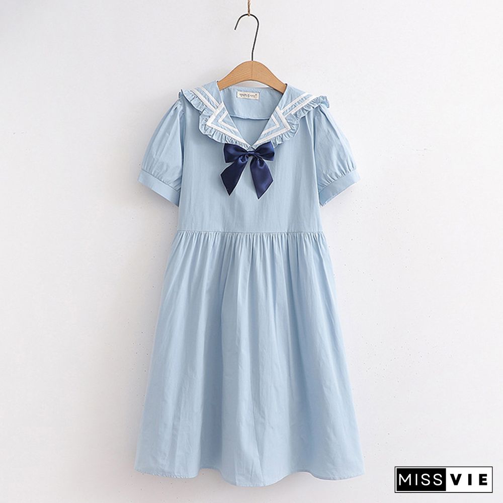 Bow Decor Sailor Collar Lace Up A-line Dress