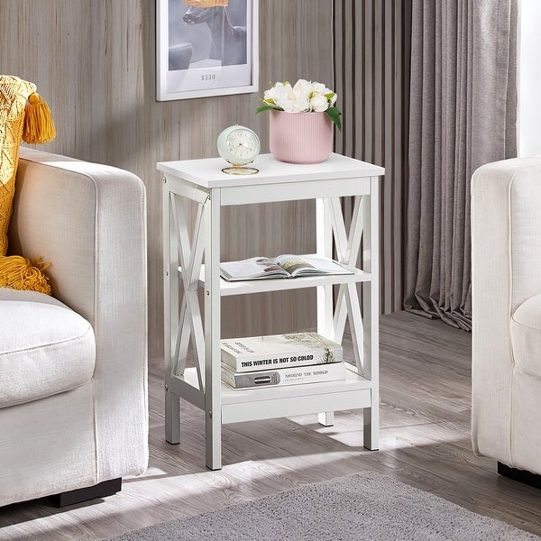 VECELO Modern White End Table with 3-tier Open Shelves - 15.7