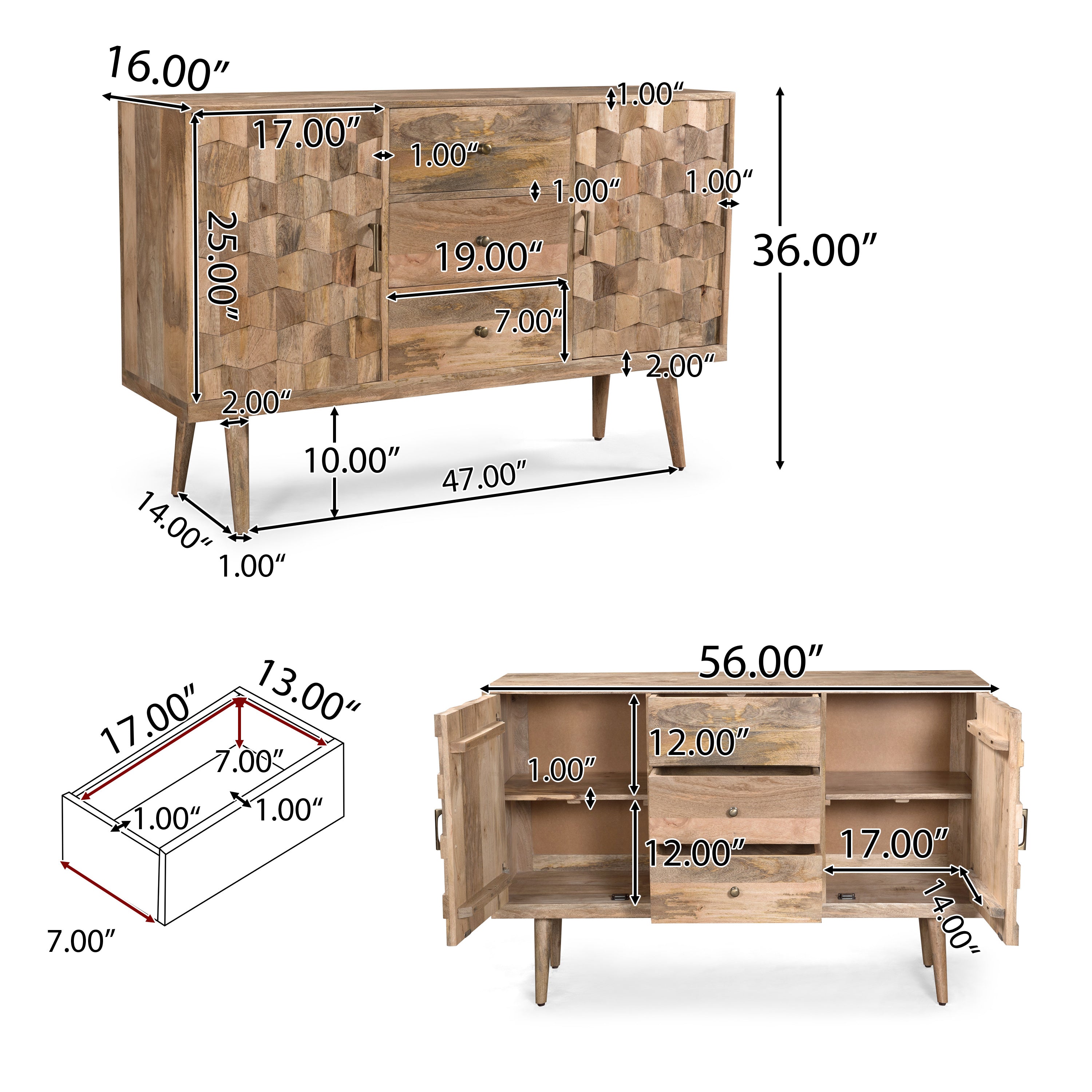 Zona Mid-Century Modern Mango Wood 3 Drawer Sideboard with 2 Doors