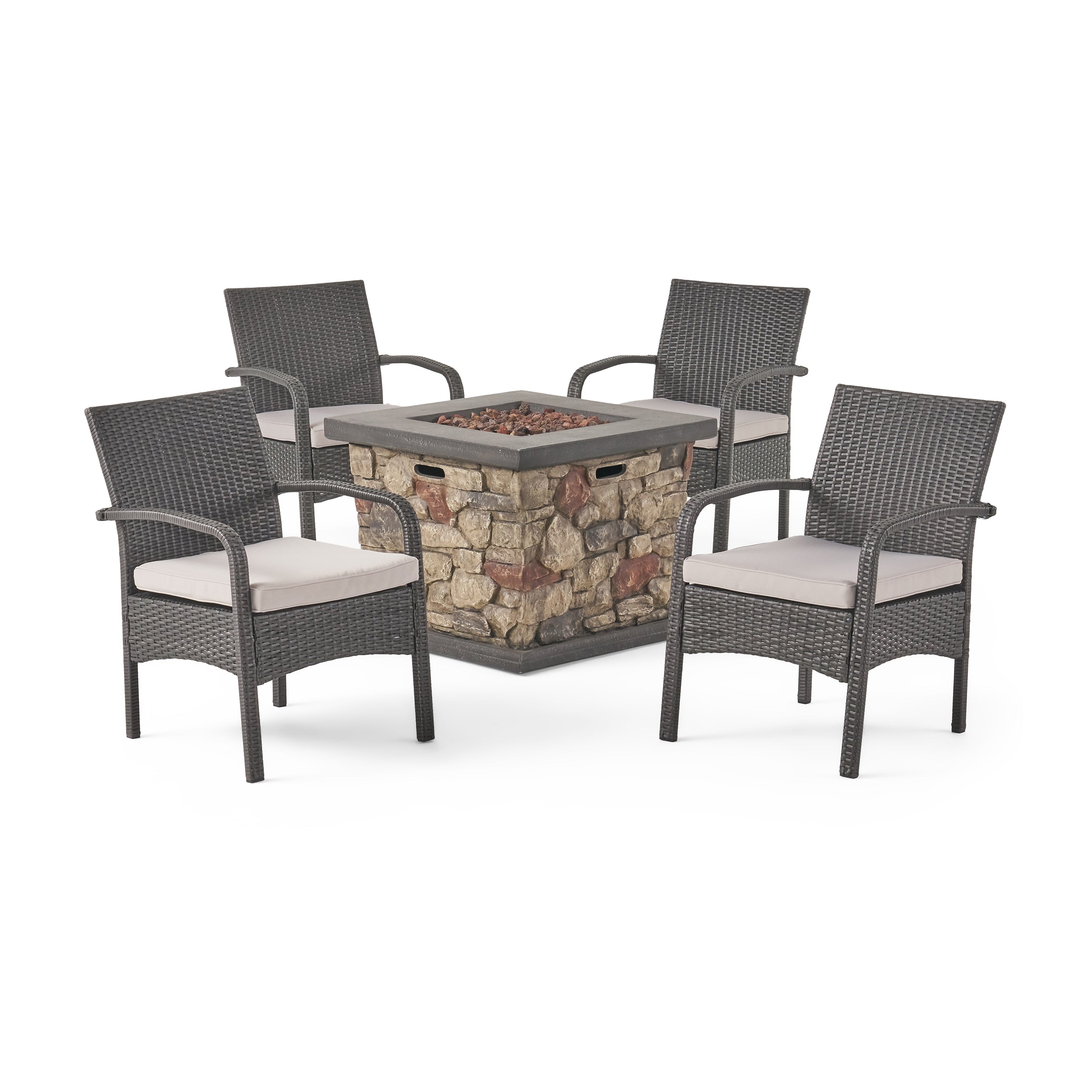 Mavis Patio Fire Pit Set, 4-Seater with Club Chairs, Wicker with Outdoor Cushions