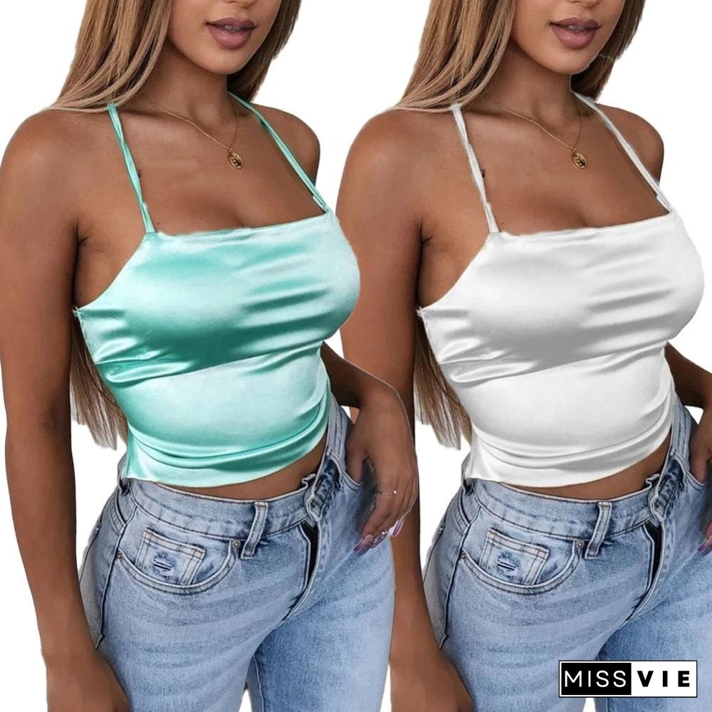 High Quality New Fashion Women Sexy Style Satin Silk Backless Back Bandage Vest Blouse Tops Strappy Summer Beach Cami Tank