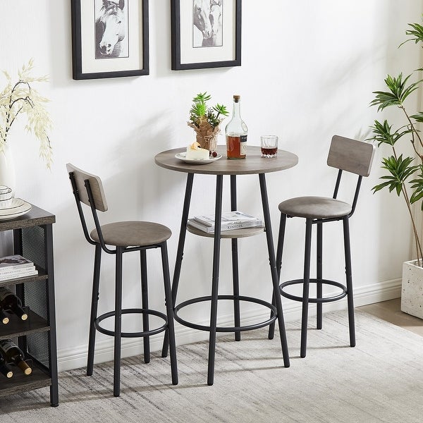 3Pieces Bar Table Set with Double -layer Round Bar Table and 2 Stools