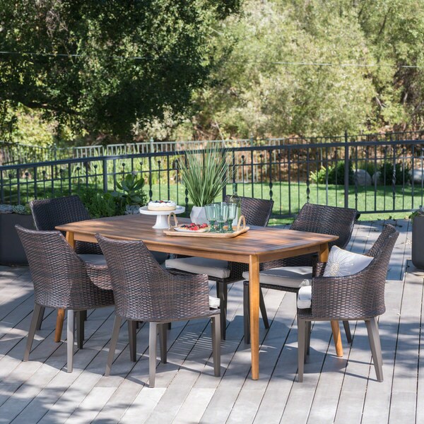 Axel Outdoor 7piece Rectangular Wicker Wood Dining Set with Cushions by Christopher Knight Home