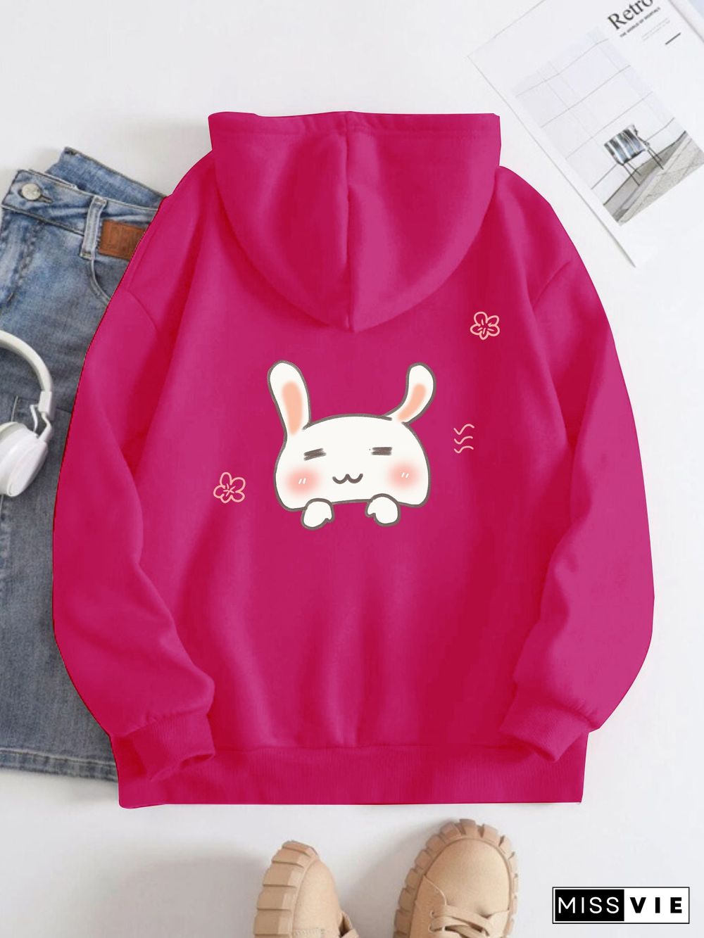 Printed on the Back Kangaroo Pocket Hoodie Long Sleeve for Women Pattern Cute Rabbit Head