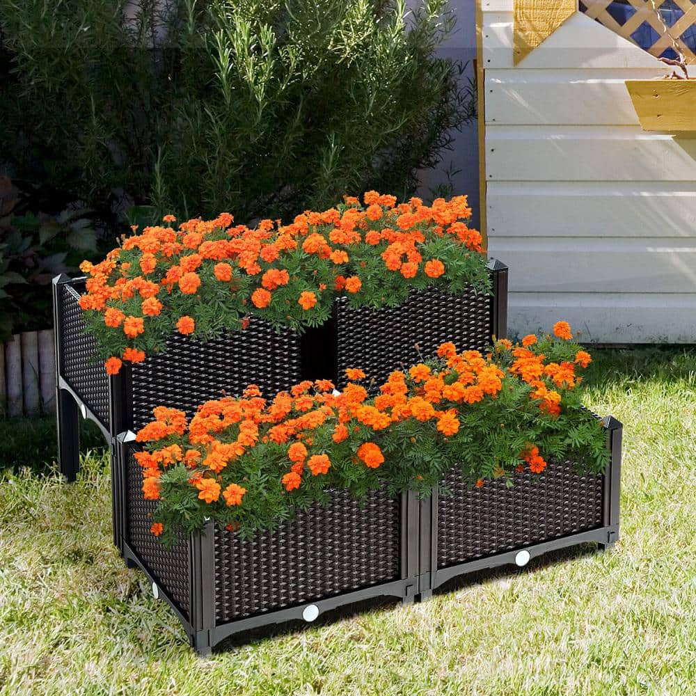 Costway 16 in. L x 16 in. W x 17.5 in. H Black Plastic Raised Bed Elevated Flower Vegetable Herb Grow Planter Box (Set of 4) OP70301