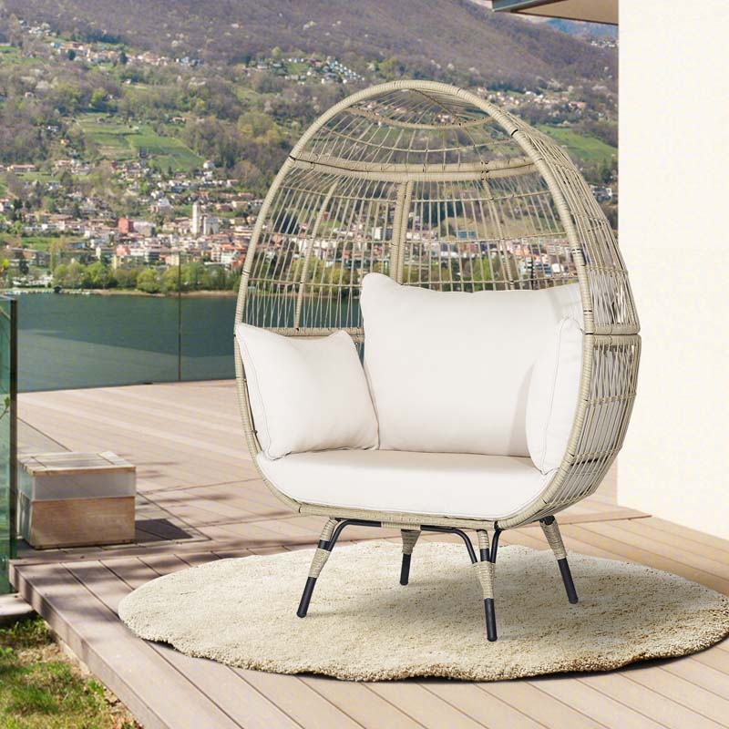 Oversized Wicker Egg Chair with 4 Cushions, Steel Frame Basket Chair Indoor Outdoor Patio Lounge Chair