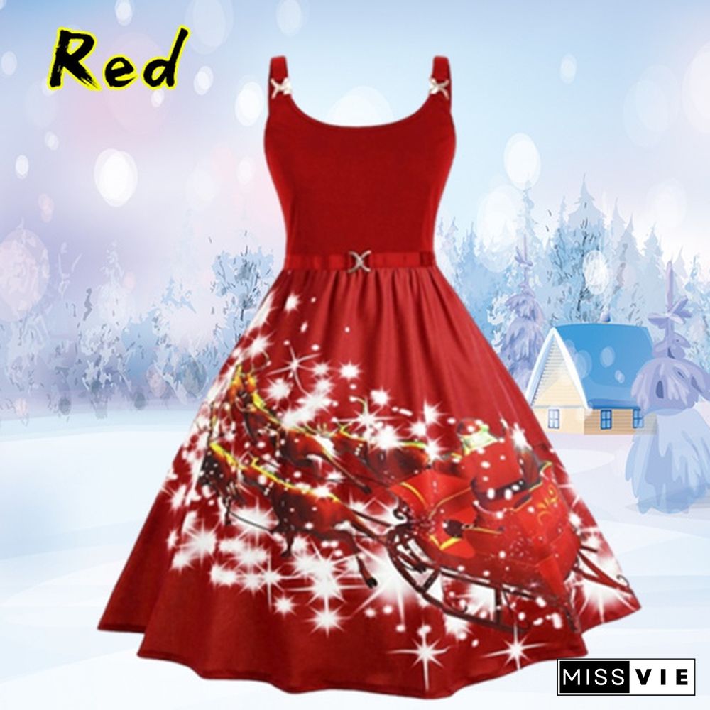 Plus Size Fashion Women Pumpkin Elk Santa Print Dress Autumn and Winter Halloween Christmas Costume Sleeveless Dresses Casual Swing Party Dress