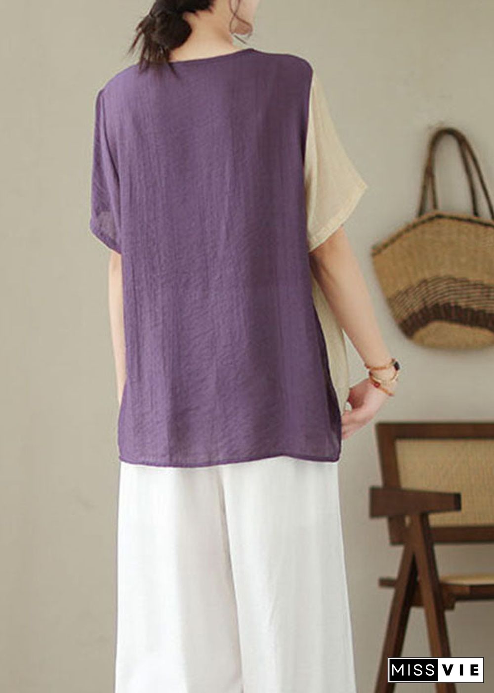 Purple Patchwork Cotton Blouses Embroideried Lace Up Summer