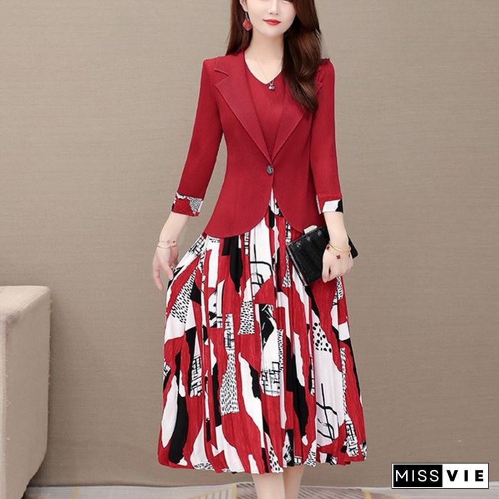 Office Lady Two Piece Sets Women Outfit Fashion 3/4 Sleeve Blazer And Sleeveless Spliced Print Pleated Dress Suits Spring Autumn