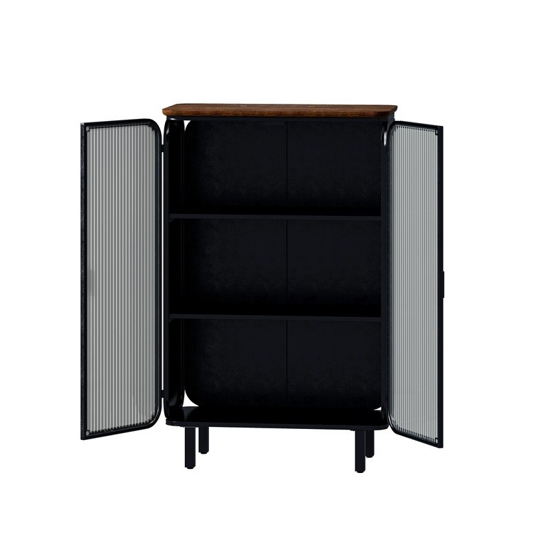 Glass Two door Cabinet with Featuring Three tier Storage