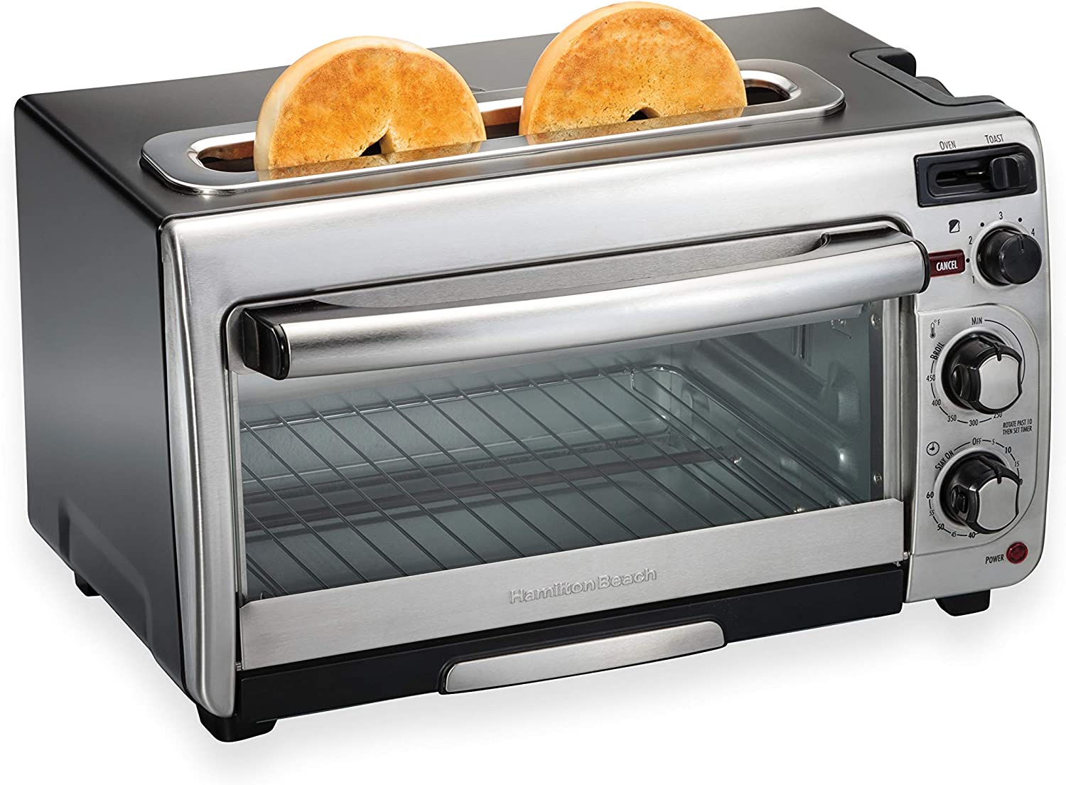 Hamilton Beach 2-in-1 Countertop Oven and Long Slot Toaster， Stainless Steel， 60 Minute Timer and Automatic Shut Off (31156)