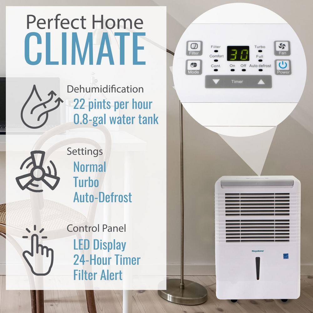 Keystone Energy Star 22 Pint Dehumidifier for up to 1500 Sq.Ft. LED Display Timer Portable w Wheels Auto-Shutoff KSTAD224D