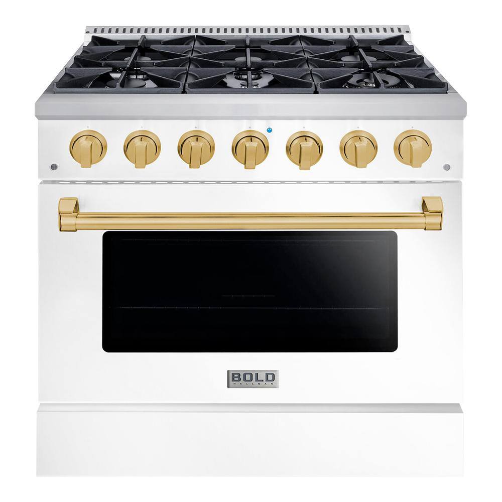 Hallman BOLD 36 in. 5.2 Cu. ft. 6 Burner Freestanding All Gas Range with Gas Stove and Gas Oven White with Brass Trim HBRG36BSWT