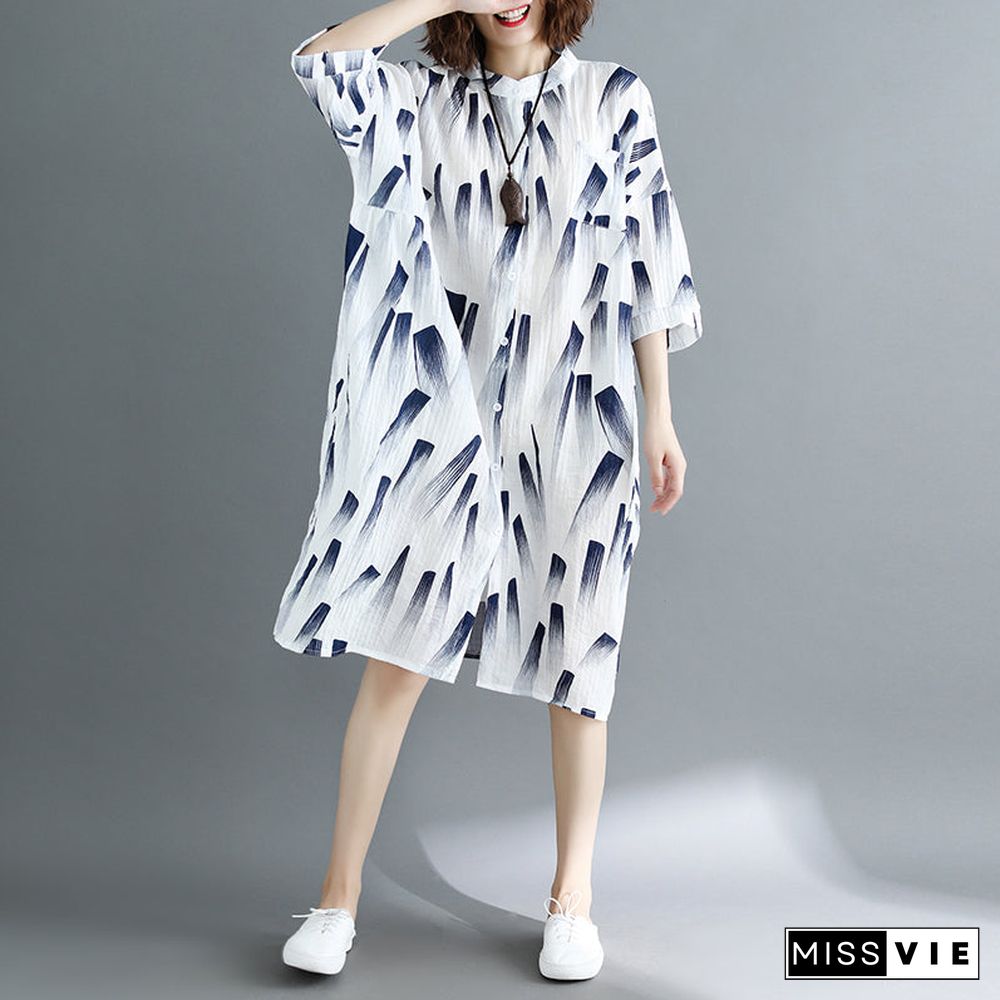 fine white print natural cotton linen dress oversized maxi dress fine half sleeve O neck Stand cotton clothing