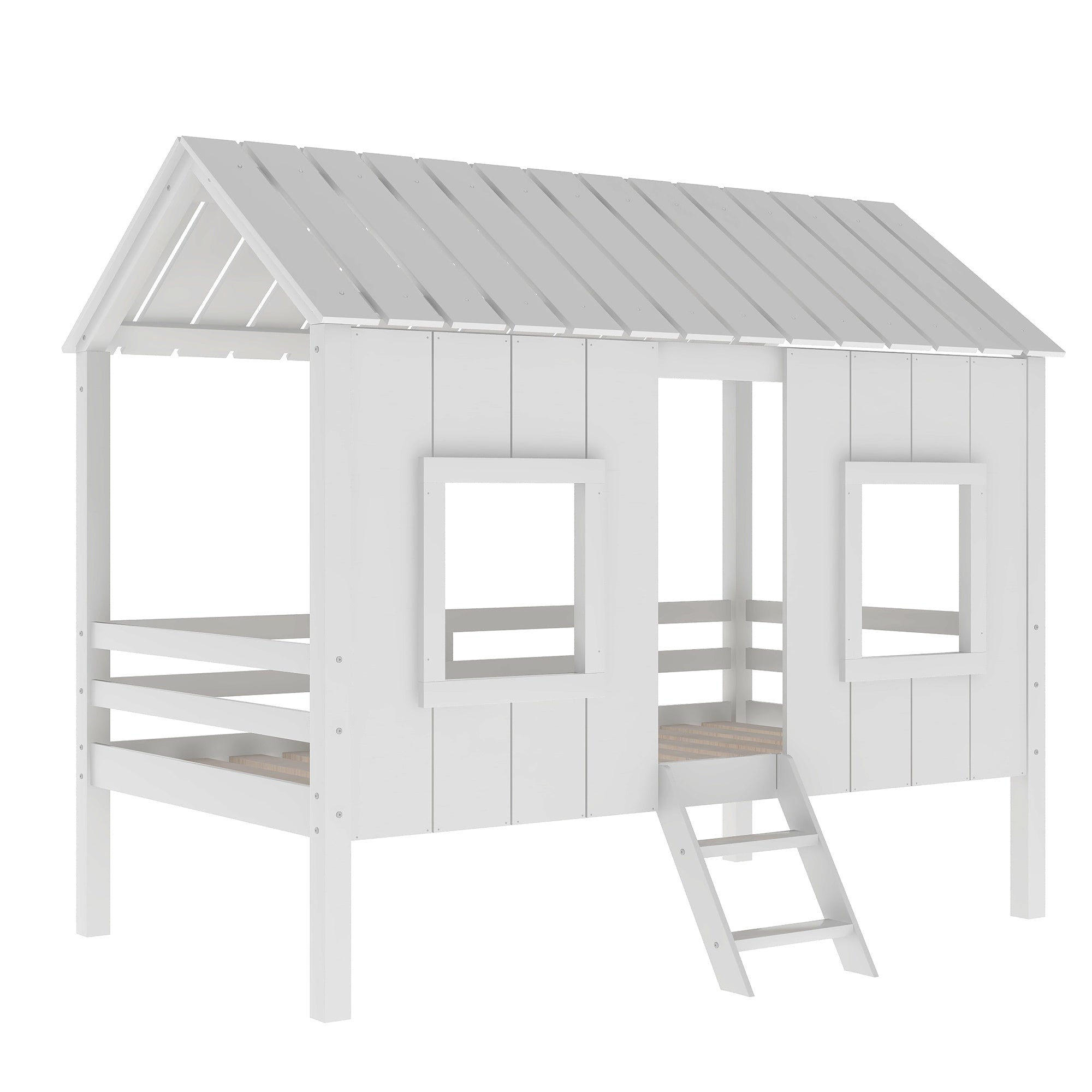 Euroco Twin Loft Bed House Bed with Roof for Child, White