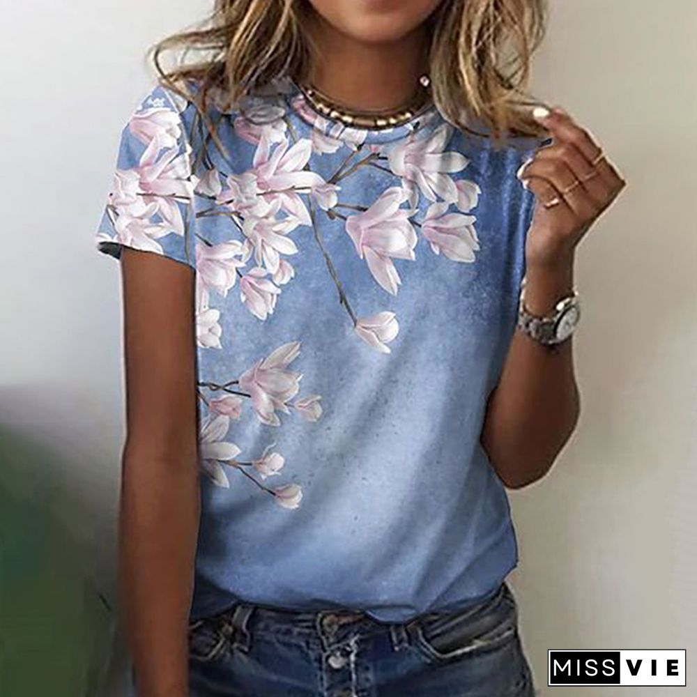 Women Vintage Floral Printed Short Sleeve Casual T-Shirt