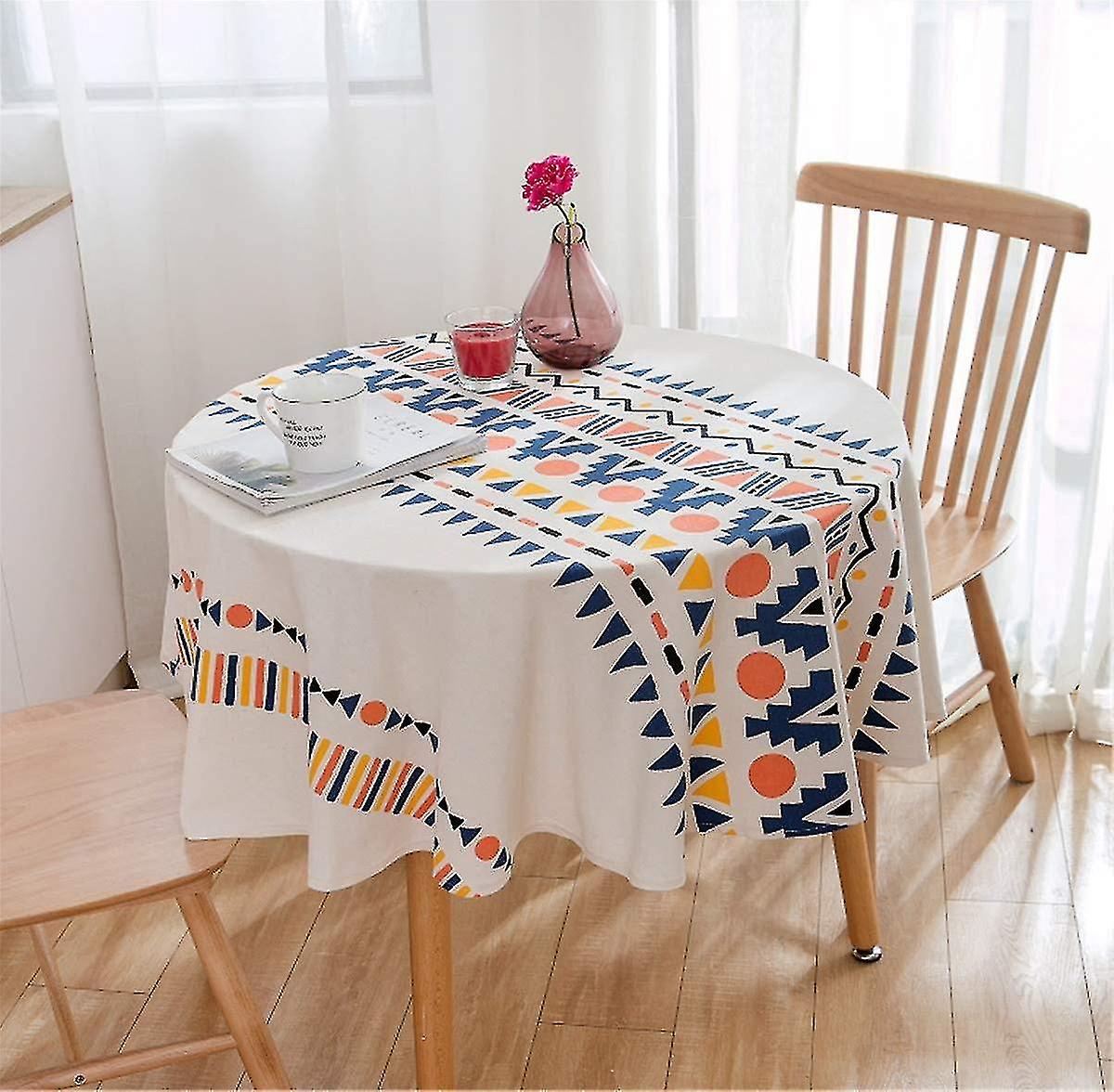 Cotton Linen Tablecloth Round Desk Protector Dust Oil Proof Table Cover For Kitchen Dining (multicolor Geometry)