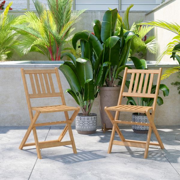 Martindale Indoor/Outdoor Folding Acacia Wood Patio Bistro Chairs with X Base Frame and Slatted Back and Seat in Natural Finish， Set of 2