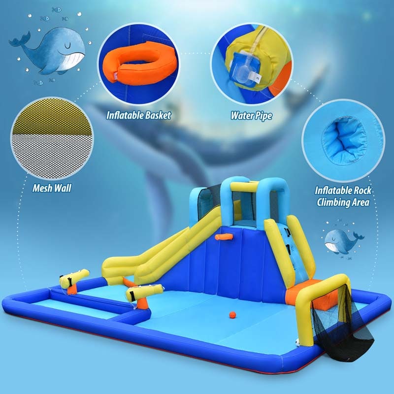 6-in-1 Kids Giant Water Park Inflatable Water Slide Bounce House with Large Soccer Splash Pool, Water Cannons, Climbing Wall