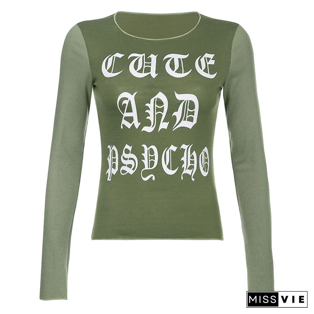 Gothic T Shirt Y2k Aesthetic Letter Print Long Sleeve Crop Top Women Sweats Grunge Fairycore Clothes Basic Streetwear