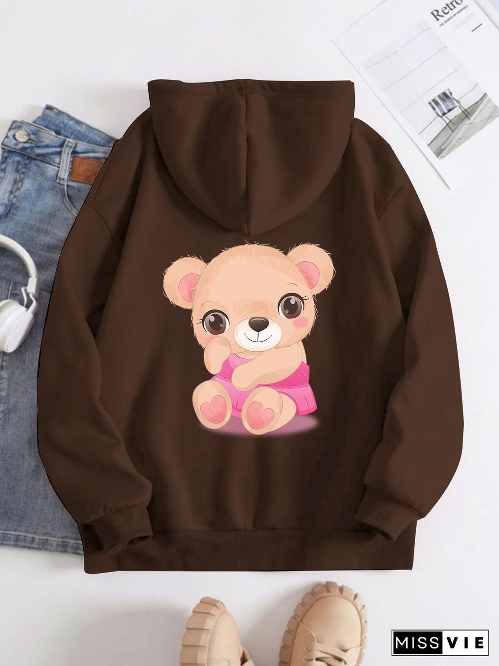 Printed on the Back Kangaroo Pocket Hoodie Long Sleeve for Women Pattern Pink Little Bear