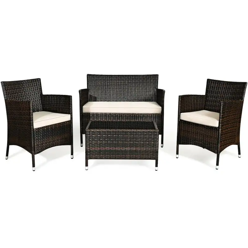 4 Pcs Outdoor Rattan Patio Conversation Set Wicker Furniture Set with Coffee Table and Cushioned Sofas