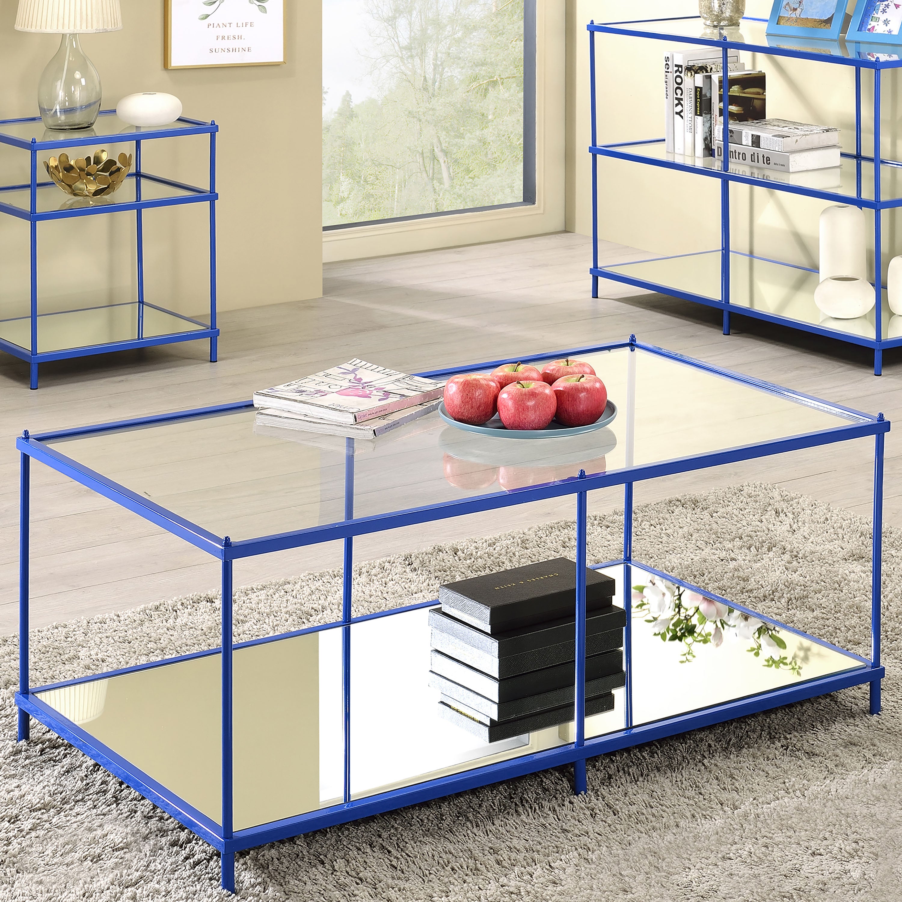 Furniture of America Tenne Contemporary Glass Top Rectangle Coffee Table, Blue