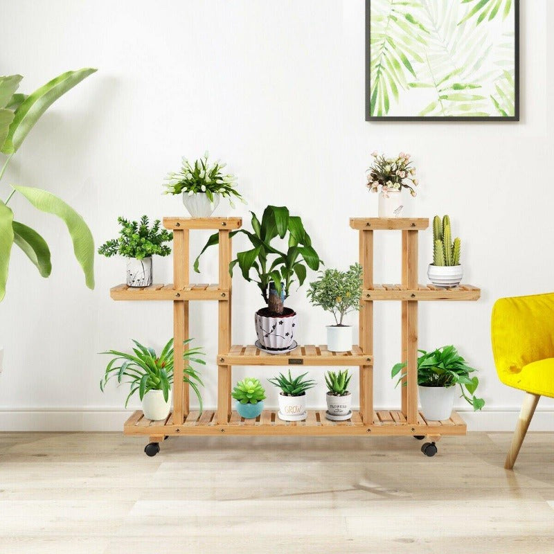 4 Tier Wood Plant Stand Rolling Flower Rack with 4 Wheels