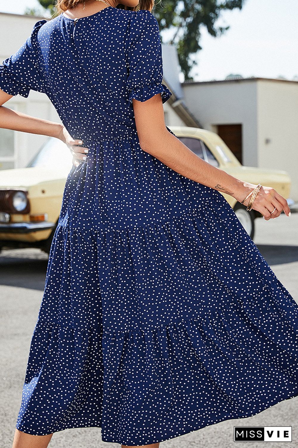 Polkadot Print Puff Sleeve Long Dress Wholesale