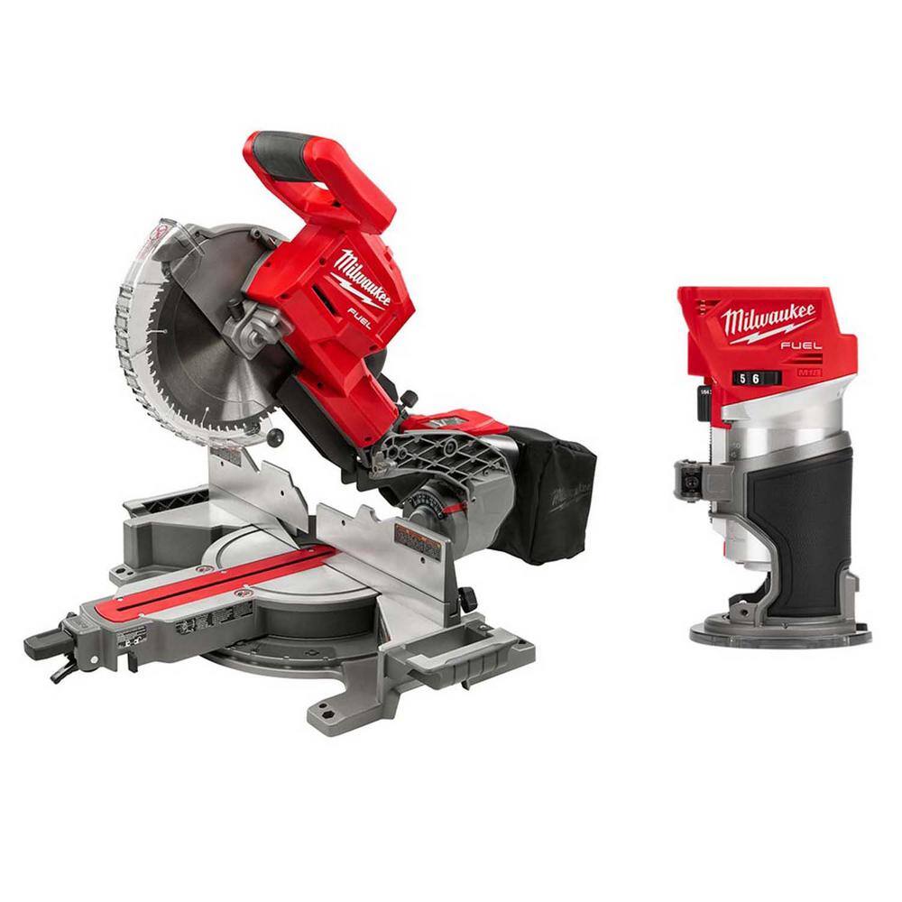 MW M18 FUEL 18V Lithium-Ion Brushless 10 in. Cordless Dual Bevel Sliding Compound Miter Saw with Compact Router 2734-20-2723-20