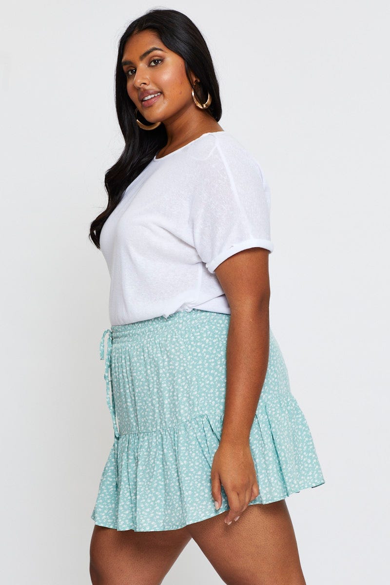 Floral Print Mini Skater Skirt Elastic Waist